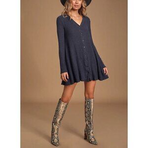 Lulus Sweet Comfort Long Sleeve Swing Sweater Dress, Size Small in Heather Navy